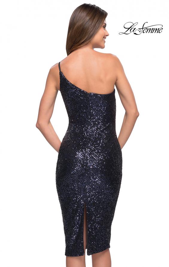 Picture of: Sequin Midi Evening Dress with One Shoulder in Navy, Style 30935, Back Picture