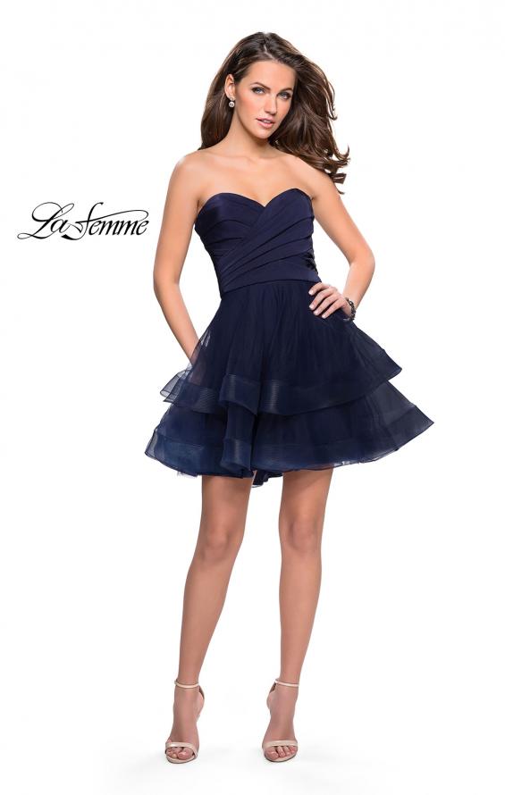 Picture of: Short Homecoming Dress with Tiered Tulle Skirt in Navy, Style: 26654, Detail Picture 6