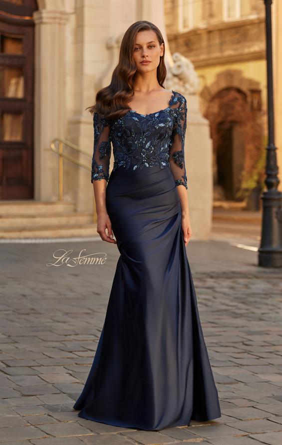 Blue Picture of: Beaded Lace Satin Gown with Sheer Sleeves and Ruched Skirt in Navy, Style: 31802, Main Picture