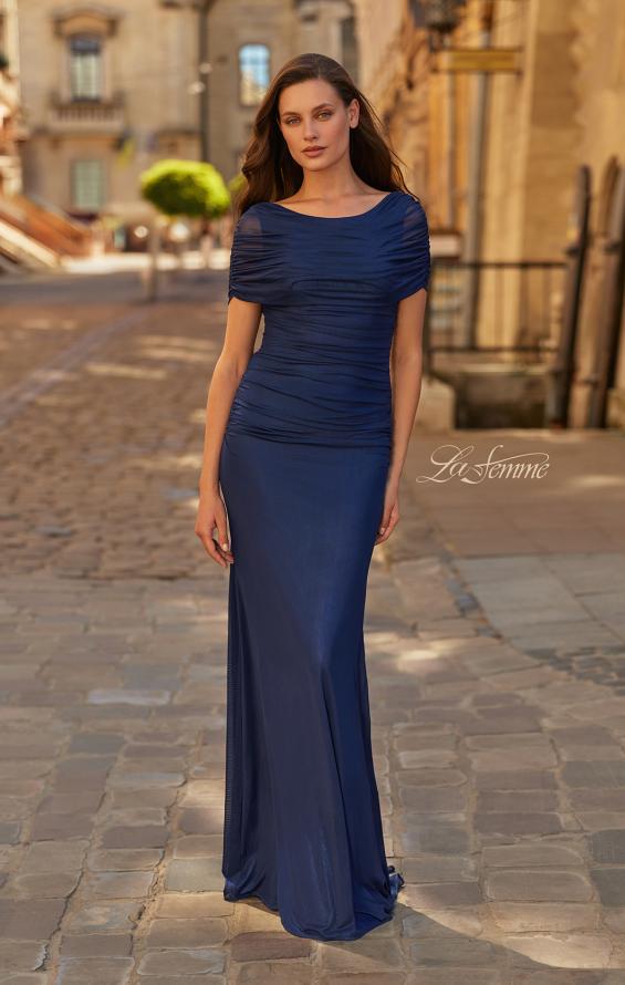 Blue Picture of: Ruched Metallic Jersey Gown with Sheer Sleeves and V-Back in Navy, Style: 33139, Main Picture