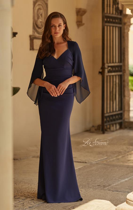 Blue Picture of: V-Neck Gown with Sheer Flutter Sleeves in Navy, Style: 33215, Main Picture
