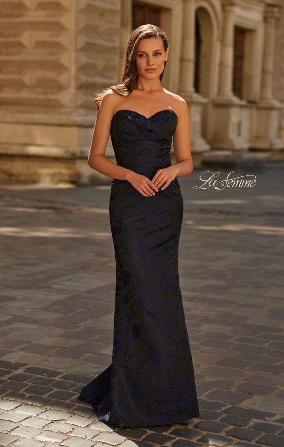 Blue Picture of: Strapless Brocade Mermaid Gown in Navy, Style: 33539, Main Picture