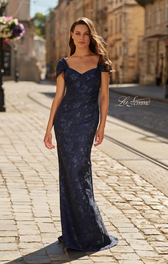 Blue Picture of: Off-the-Shoulder Brocade Gown with Sweetheart Neckline in Navy, Style: 33571, Main Picture