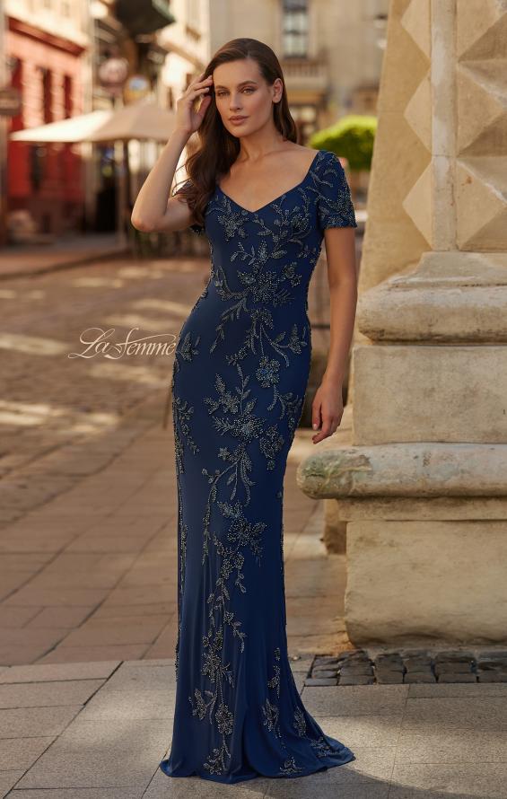 Blue Picture of: Beaded Floral Gown with Sweetheart Neckline in Navy, Style: 33577, Main Picture