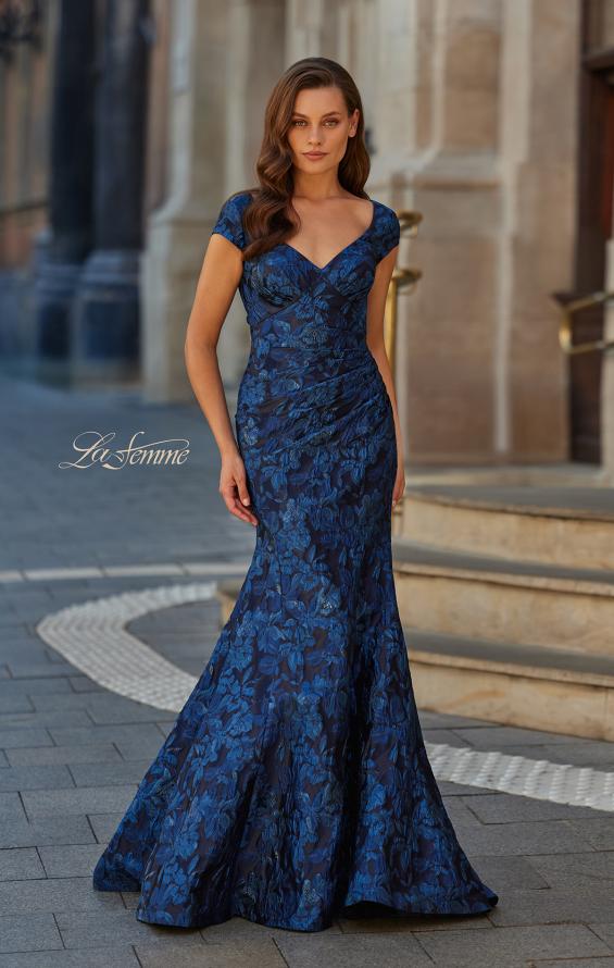 Blue Picture of: Cap Sleeve Metallic Brocade Gown with V-Neckline in Navy, Style: 33578, Main Picture
