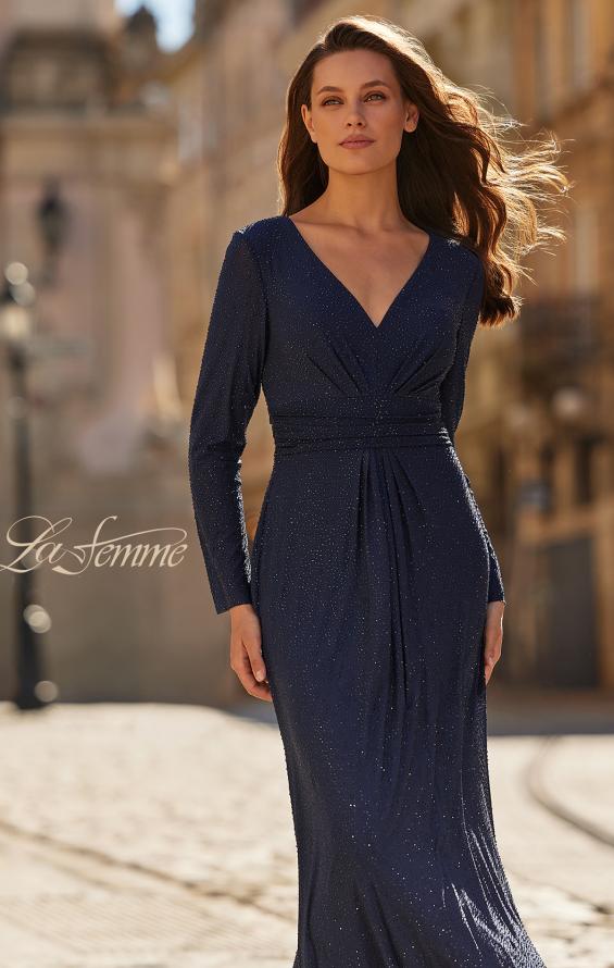 Picture of: Long Sleeve Rhinestone Gown with Pleated Waist in Navy, Style: 33310, Detail Picture 9, Landscape