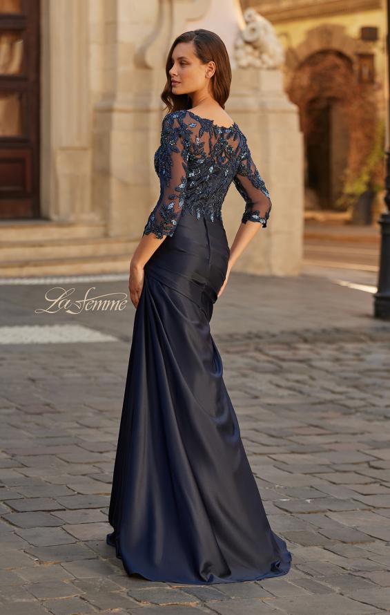 Blue Picture of: Beaded Lace Satin Gown with Sheer Sleeves and Ruched Skirt in Navy, Style: 31802, Back Picture