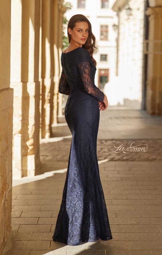 Blue Picture of: Lace Long Sleeve V-Neck Evening Gown in Navy, Style: 33333, Back Picture