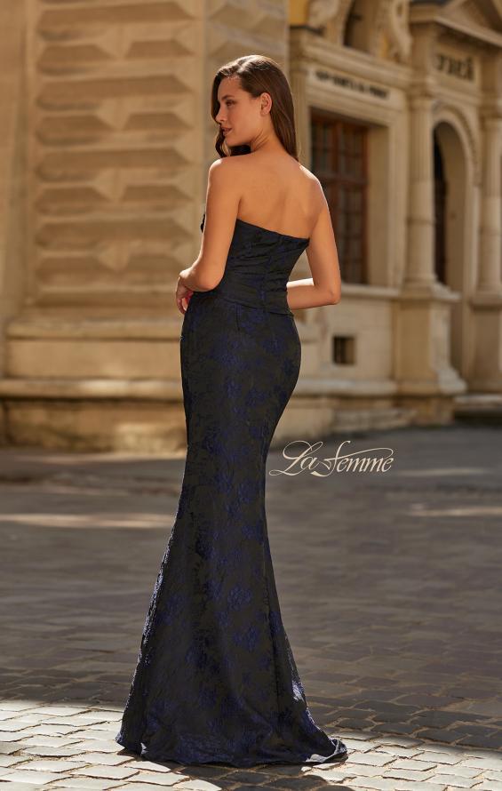 Blue Picture of: Strapless Brocade Mermaid Gown in Navy, Style: 33539, Back Picture