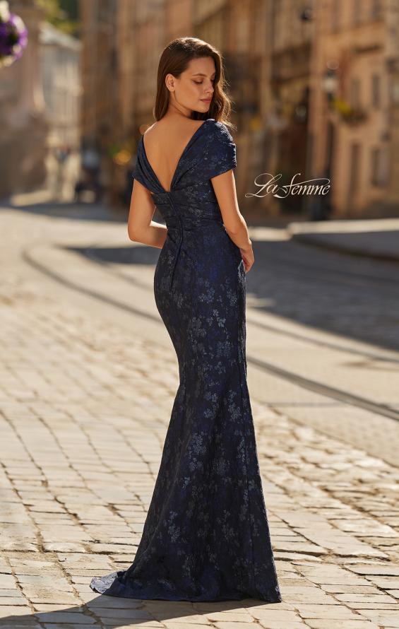 Blue Picture of: Off-the-Shoulder Brocade Gown with Sweetheart Neckline in Navy, Style: 33571, Back Picture
