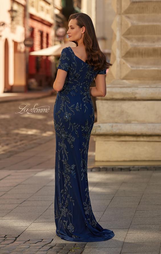 Blue Picture of: Beaded Floral Gown with Sweetheart Neckline in Navy, Style: 33577, Back Picture