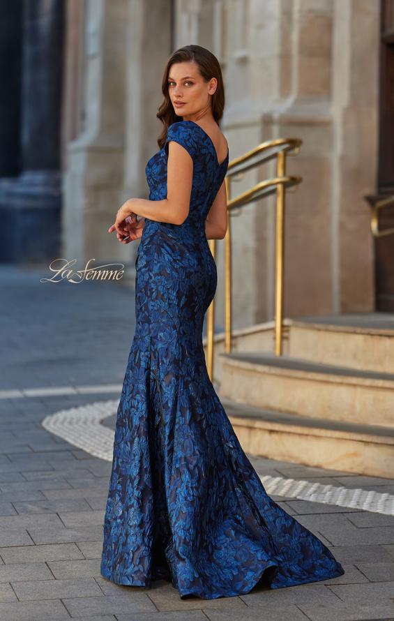 Blue Picture of: Cap Sleeve Metallic Brocade Gown with V-Neckline in Navy, Style: 33578, Back Picture