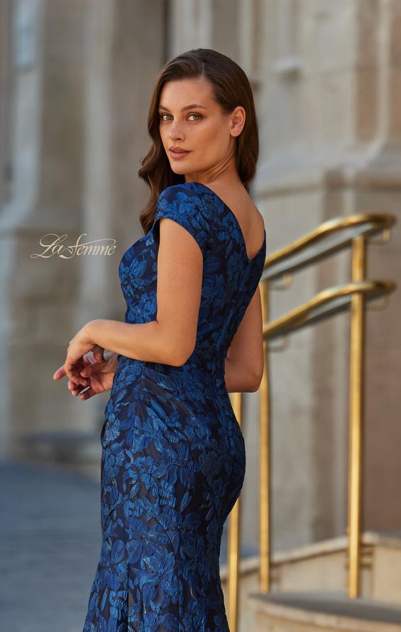 Blue Picture of: Cap Sleeve Metallic Brocade Gown with V-Neckline in Navy, Style: 33578, Detail Picture 2