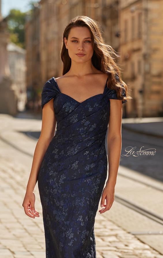 Blue Picture of: Off-the-Shoulder Brocade Gown with Sweetheart Neckline in Navy, Style: 33571, Detail Picture 3