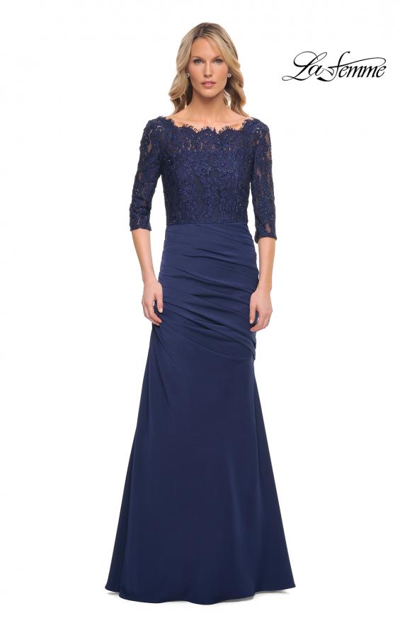 Picture of: Gathered Mermaid Satin Gown with Lace Top in Navy, Style: 24926, Main Picture