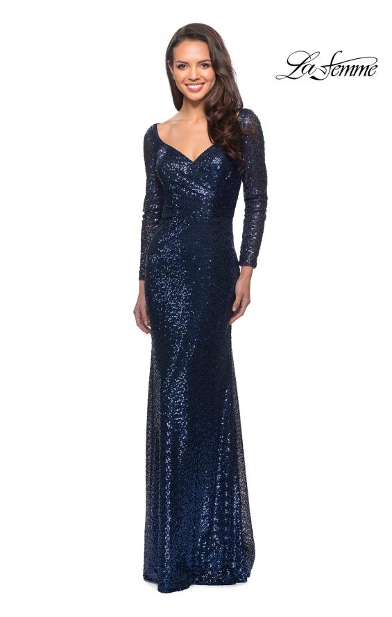 Picture of: Long Sleeve Sequined Gown with Soft V-Neckline in Navy, Style: 25331, Main Picture