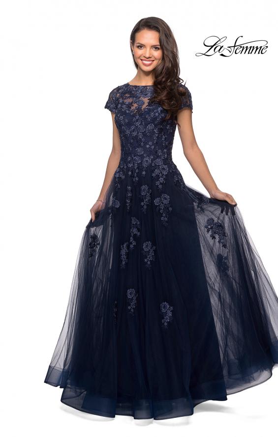 Picture of: Long Tulle Gown with Intricate Lace Detailing in Navy, Style: 26907, Main Picture