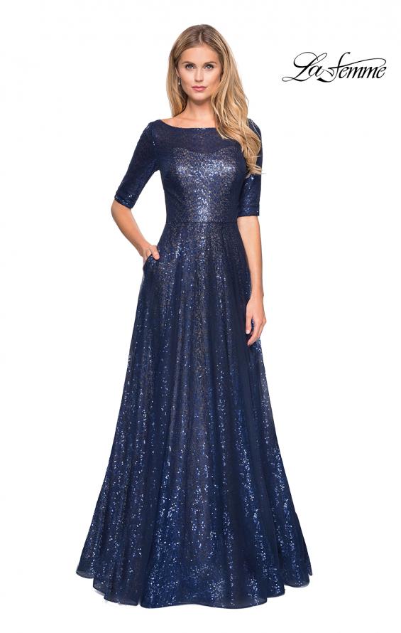 Picture of: Fully Sequined Floor Length Gown with Pockets in Navy, Style: 27016, Main Picture