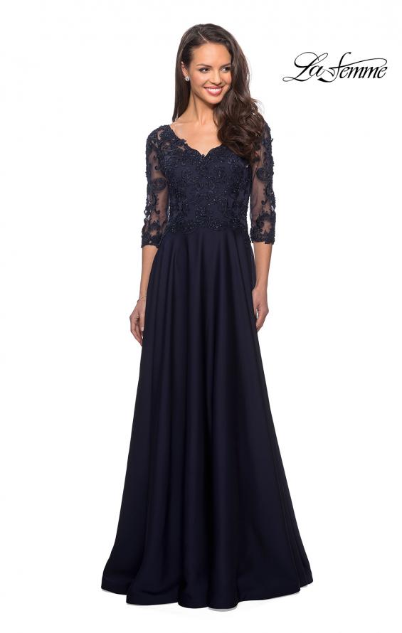 Picture of: Floor Length Satin Dress with Lace Detail and Pockets in Navy, Style: 27235, Main Picture