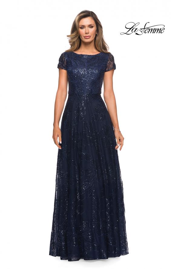 Picture of: Sequin Lace A-line Gown with Sheer Short Sleeves in Navy, Style: 27837, Main Picture