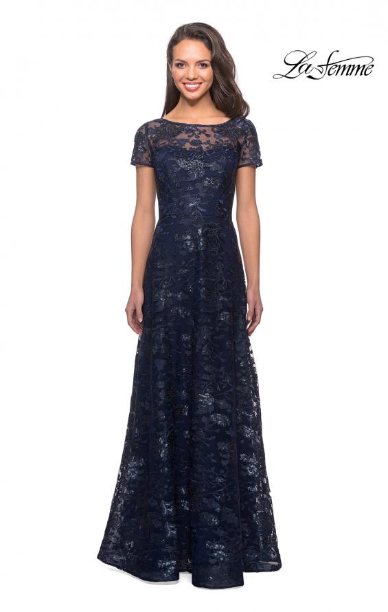 Picture of: Short Sleeve Long Sequin Dress with Sheer Neckline in Navy, Style: 27839, Main Picture