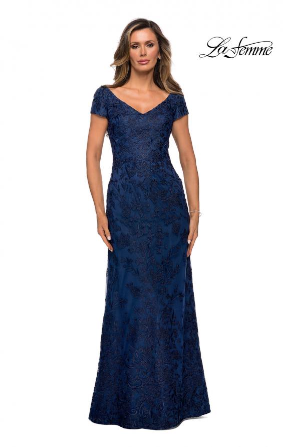 Picture of: Lace Evening Gown with Cap Sleeves and V-Neck in Navy, Style: 27915, Main Picture