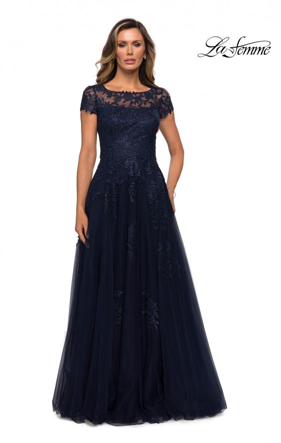Picture of: Beaded Lace Rhinestone A-line Evening Gown in Navy, Style: 27920, Main Picture