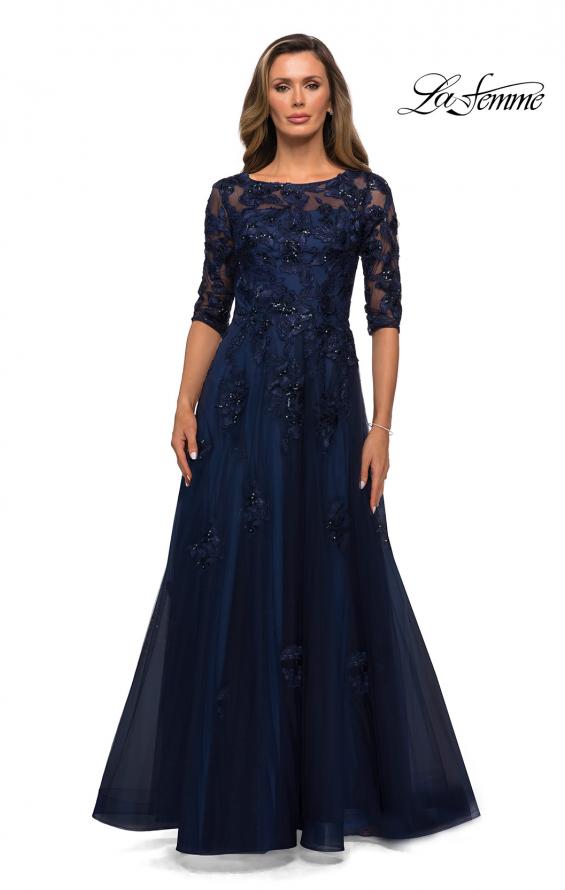 Picture of: Three Quarter Sleeve A-line Gown with Floral Embellishments in Navy, Style: 27922, Main Picture