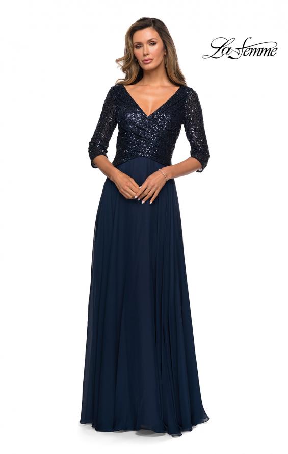 Picture of: Long Chiffon Evening Gown with Sequined Bodice in Navy, Style: 27998, Main Picture