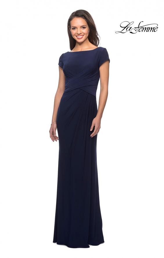 Picture of: Floor Length Jersey Evening Gown with Cap Sleeves in Navy, Style: 28026, Main Picture