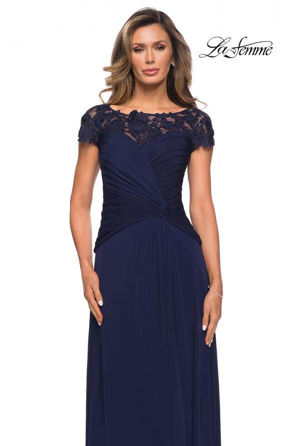Picture of: Jersey Dress with Ruching and Floral Neckline in Navy, Style: 28029, Main Picture