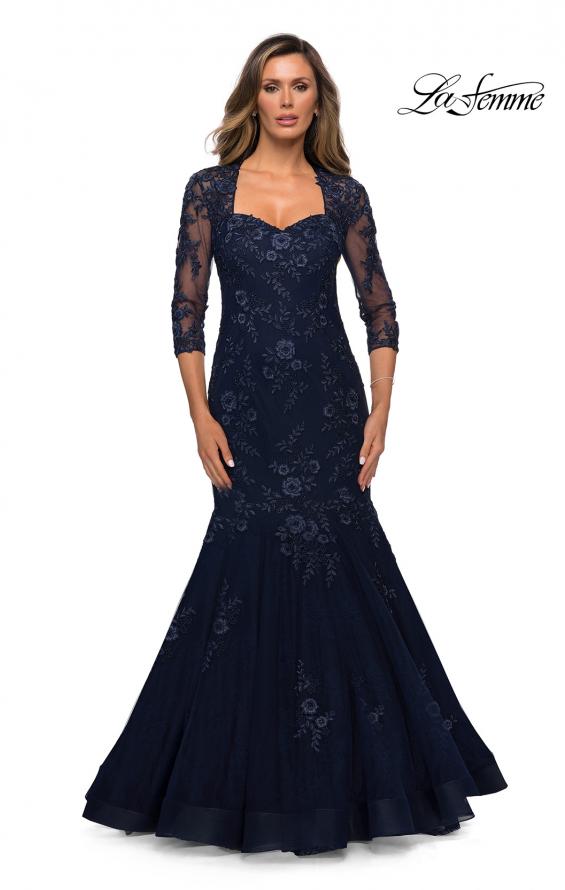 Picture of: Long Lace Mermaid Gown with Square Neckline in Navy, Style: 28033, Main Picture