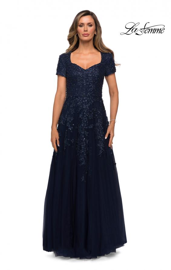 Picture of: A-line Lace and Tulle Evening Dress with Beading in Navy, Style: 28037, Main Picture