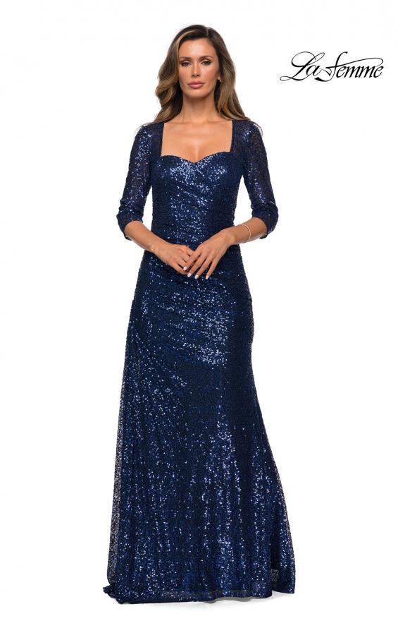 Picture of: Floor Length Sequin Gown wtih Ruching and Sleeves in Navy, Style: 28065, Main Picture