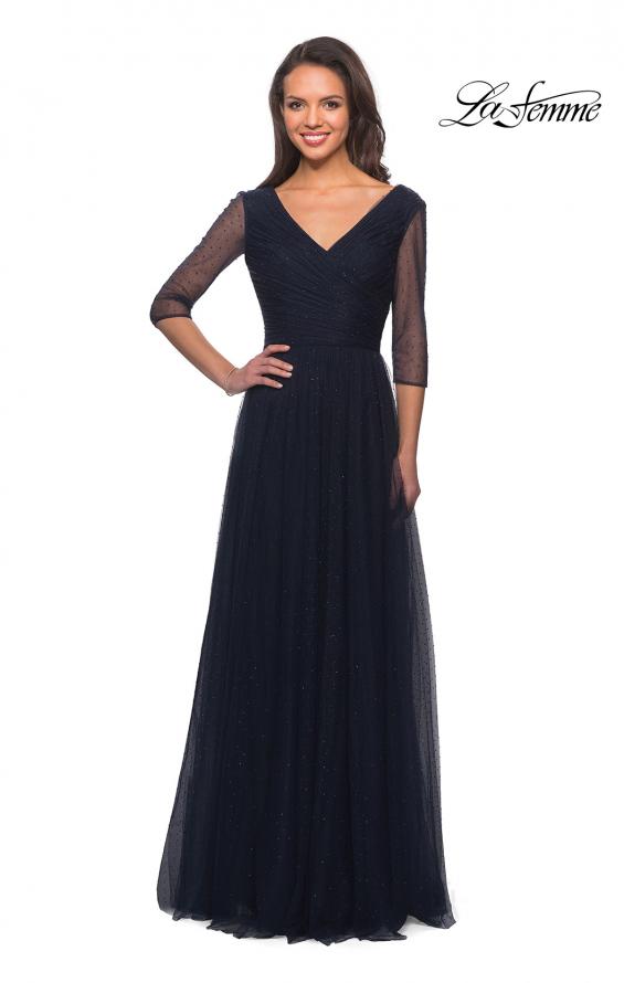 Picture of: Tulle and Beaded Long A-Line Gown with Sheer Sleeves in Navy, Main Picture