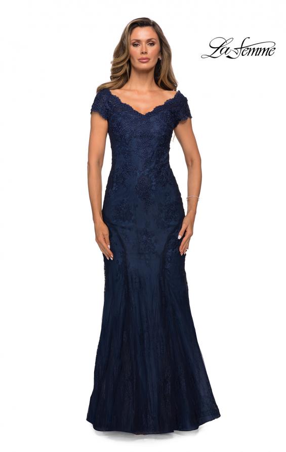 Picture of: Short Sleeve Lace Evening Dress with V Neckline in Navy, Style: 28099, Main Picture