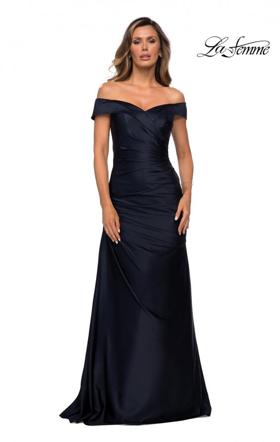 Picture of: Off the Shoulder Satin Evening Dress with Pleating in Navy, Style: 28103, Main Picture