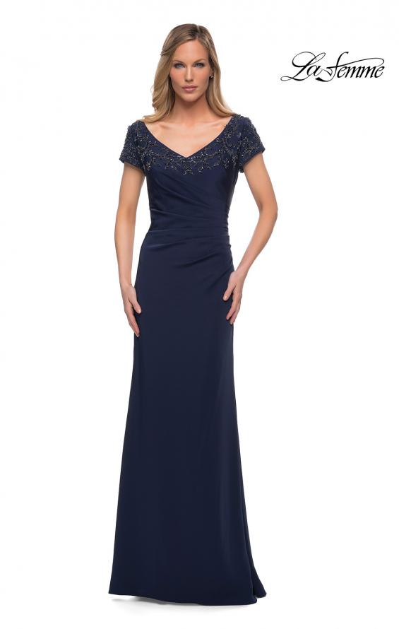 Picture of: Short Sleeve Evening Dress with Beaded Neckline in Navy, Main Picture