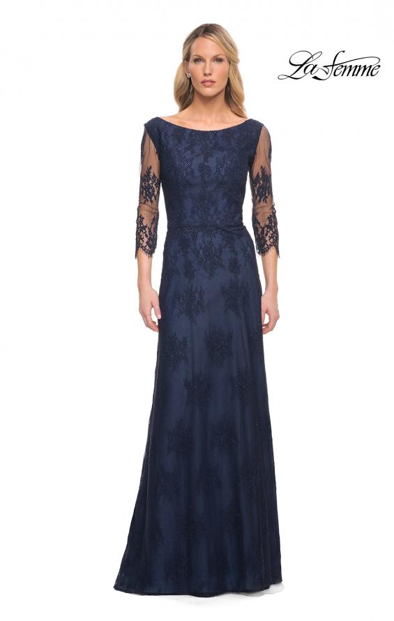 Picture of: Long Lace Gown with Illusion Sleeves in Navy, Style: 29219, Main Picture