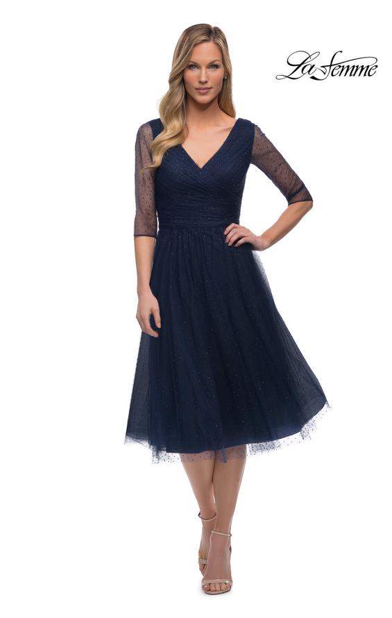 Picture of: Tea Length Tulle Dress with Beading and Sheer Sleeve in Navy, Main Picture