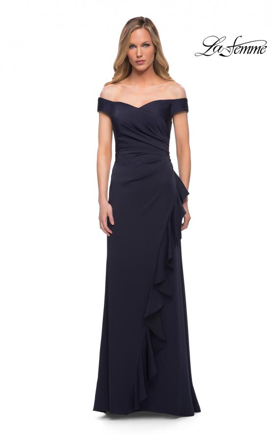 Picture of: Off the Shoulder Jersey Evening Gown with Ruffle Skirt Detail in Navy, Main Picture