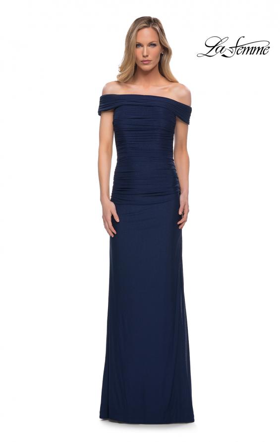 Picture of: Ruched Off the Shoulder Net Jersey Evening Dress in Navy, Main Picture