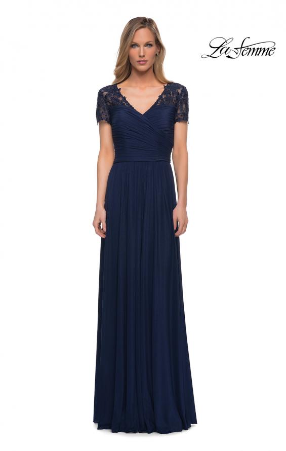 Picture of: Jersey Long Evening Dress with Short Lace Sleeves in Navy, Main Picture