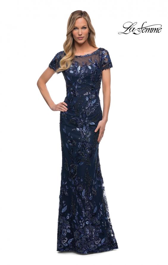 Picture of: Long Beaded Lace Dress with Sheer Neckline in Navy, Main Picture