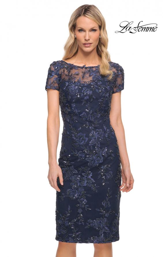 Picture of: Beautiful Short Dress with Illusion Top and Sleeve in Blue, Style: 29982, Main Picture