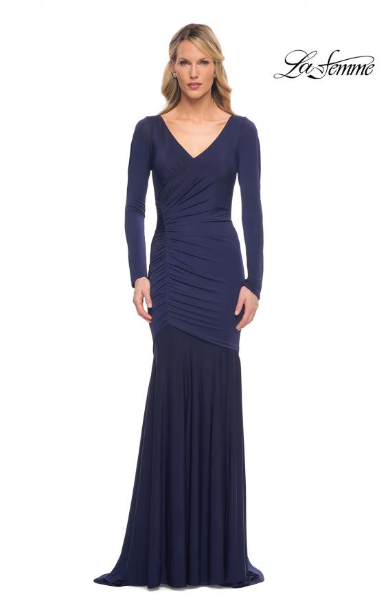 Picture of: Ruched Jersey Evening Gown with Long Sleeves in Blue, Style: 30010, Main Picture