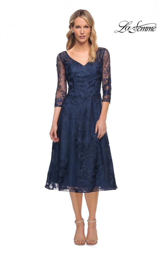 Picture of: Stylish Tea Length Mother of the Bride Dress with Sleeves in Blue, Style: 30016, Main Picture