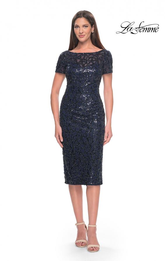 Picture of: Short Evening Dress with Intricate Beaded Sequin Design in Navy, Style: 30043, Main Picture