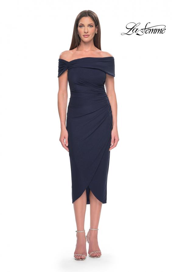 Picture of: Tea Length Fitted Jersey Ruched Off the Shoulder Dress in Navy, Style: 30109, Main Picture