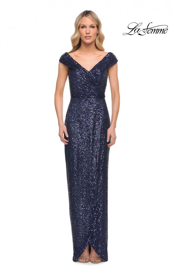 Picture of: Sequin Long Evening Dress with Ruching and V Neck in Blue, Style: 30326, Main Picture